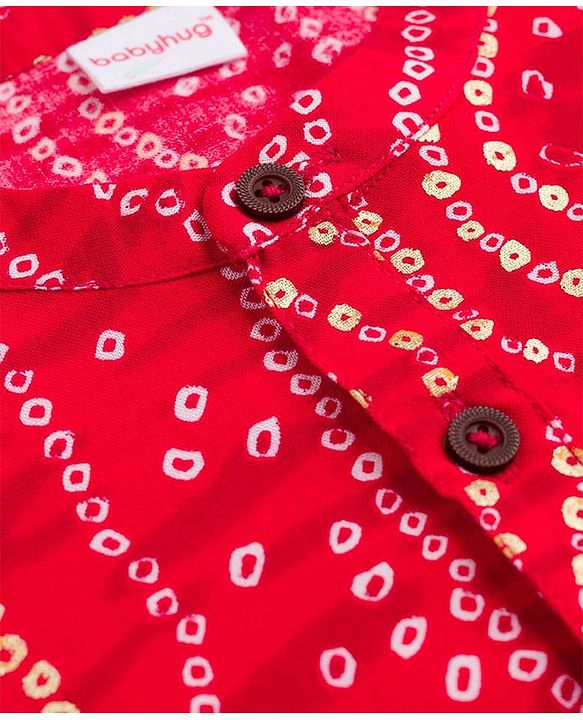 Babyhug 100% Cotton Cambric Woven Full Sleeves Kurta Pajama Set with Bandhani Print - Red