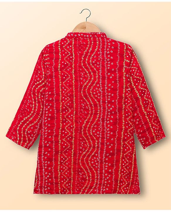 Babyhug 100% Cotton Cambric Woven Full Sleeves Kurta Pajama Set with Bandhani Print - Red