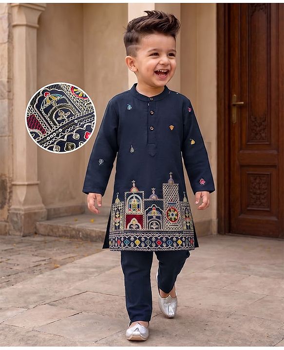 Babyhug 100% Cotton Cambric Woven Floral Embroidered Sequin Detailng Kurta Pyjama Set - Navy