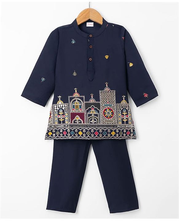 Babyhug 100% Cotton Cambric Woven Floral Embroidered Sequin Detailng Kurta Pyjama Set - Navy