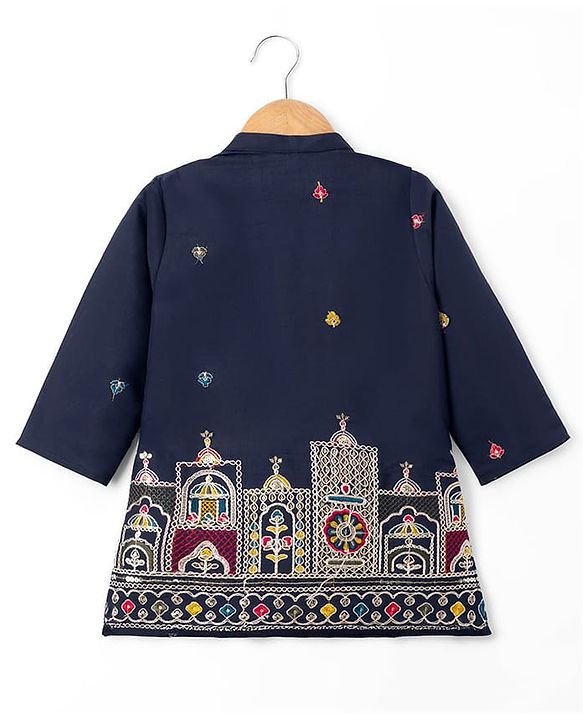Babyhug 100% Cotton Cambric Woven Floral Embroidered Sequin Detailng Kurta Pyjama Set - Navy
