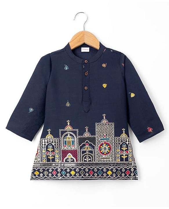 Babyhug 100% Cotton Cambric Woven Floral Embroidered Sequin Detailng Kurta Pyjama Set - Navy
