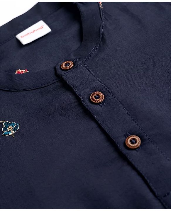 Babyhug 100% Cotton Cambric Woven Floral Embroidered Sequin Detailng Kurta Pyjama Set - Navy