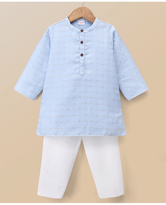 Babyhug Cambric Woven Full Sleeves Kurta Pyjama Set with Foil Print - Light Blue