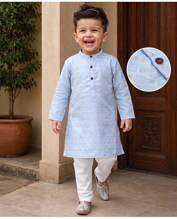 Babyhug Cambric Woven Full Sleeves Kurta Pyjama Set with Foil Print - Light Blue