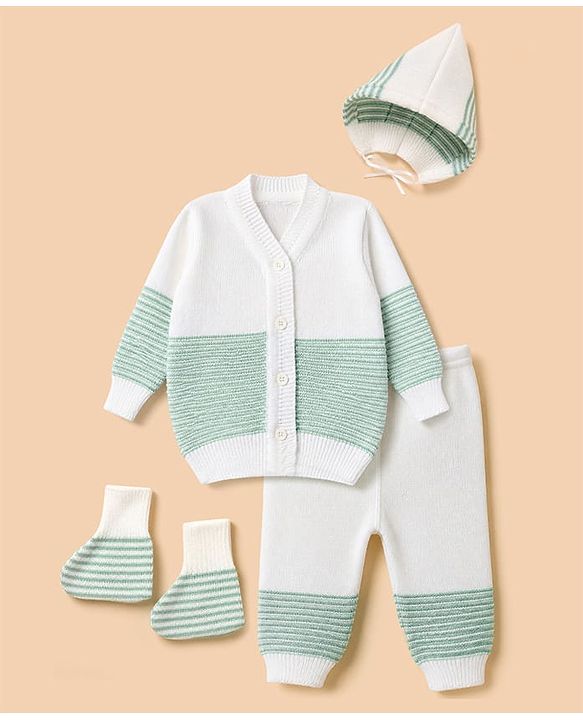 Babyhug Knit Cardigan and Pant with Full Sleeves and Color Block Design in Mint for Preemie-Preemie