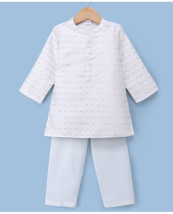 Babyhug Cambric Woven Full Sleeves Kurta Pyjama Set with Foil Print - White