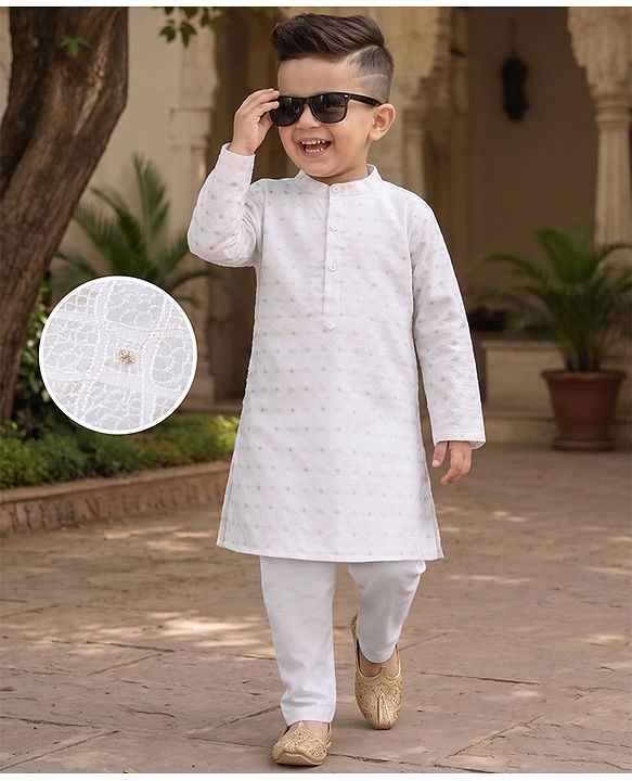 Babyhug Cambric Woven Full Sleeves Kurta Pyjama Set with Foil Print - White