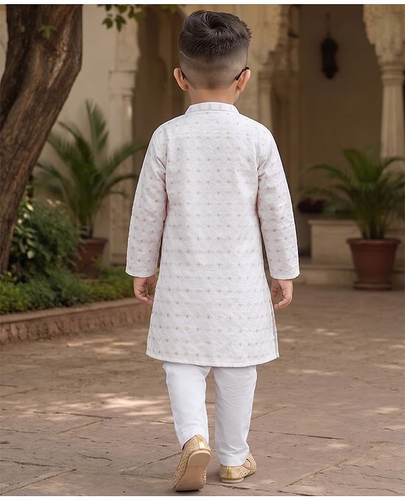 Babyhug Cambric Woven Full Sleeves Kurta Pyjama Set with Foil Print - White