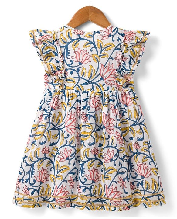Babyhug 100% Cambric Woven Ethnic Dress with Half Frill Sleeves and Floral Pattern Print in White for New born
