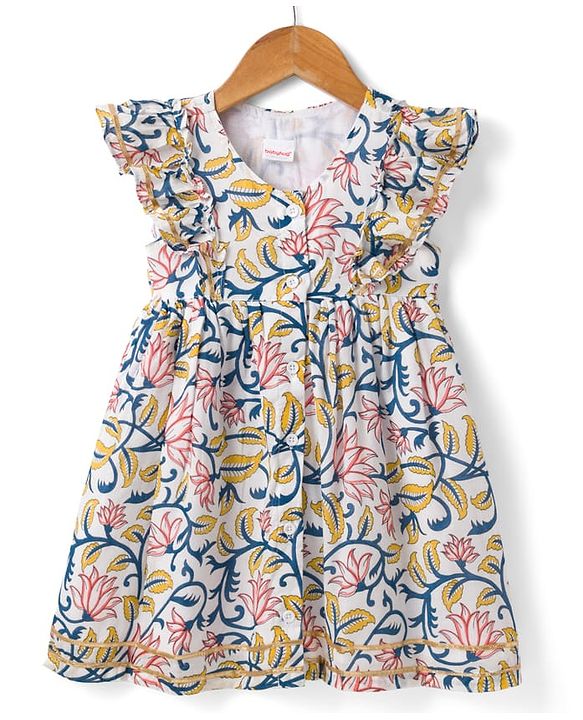 Babyhug 100% Cambric Woven Ethnic Dress with Half Frill Sleeves and Floral Pattern Print in White for New born