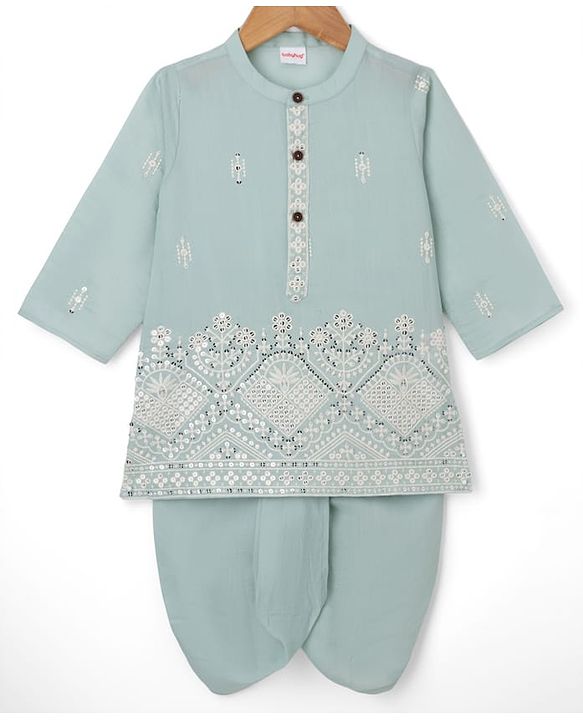Babyhug Woven Full Sleeves Floral Embroidered Dhoti Kurta Set With Sequin Detailing - Teal Blue