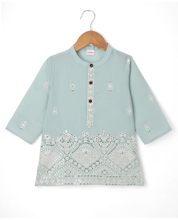 Babyhug Woven Full Sleeves Floral Embroidered Dhoti Kurta Set With Sequin Detailing - Teal Blue