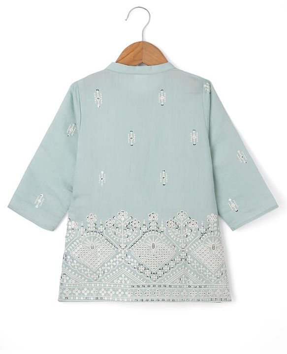 Babyhug Woven Full Sleeves Floral Embroidered Dhoti Kurta Set With Sequin Detailing - Teal Blue