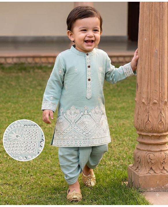 Babyhug Woven Full Sleeves Floral Embroidered Dhoti Kurta Set With Sequin Detailing - Teal Blue