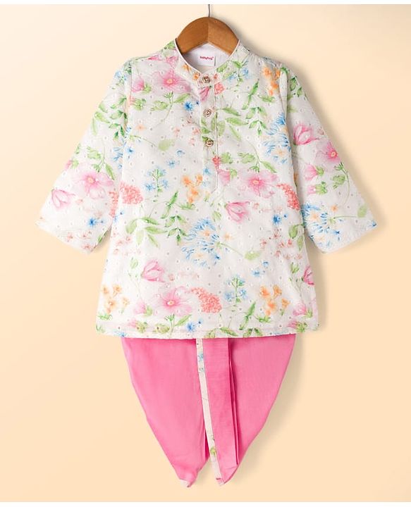 Babyhug Cambri 100% Cotton Woven Schiffli Floral Printed Full Sleeves Kurta Dhoti Set - White & Pink