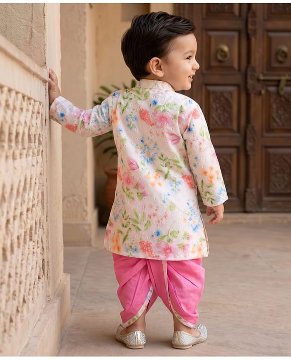 Babyhug Cambri 100% Cotton Woven Schiffli Floral Printed Full Sleeves Kurta Dhoti Set - White & Pink