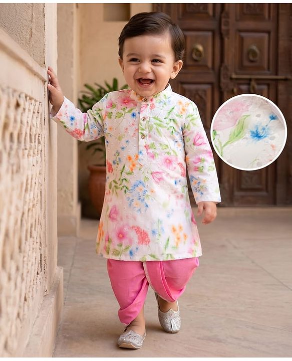 Babyhug Cambri 100% Cotton Woven Schiffli Floral Printed Full Sleeves Kurta Dhoti Set - White & Pink