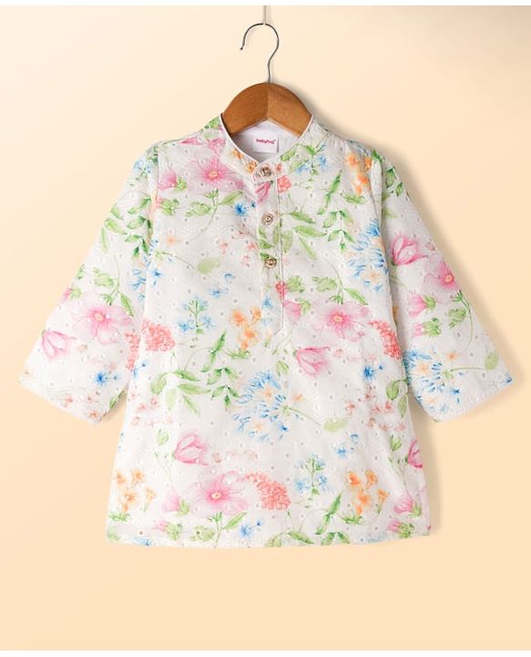 Babyhug Cambri 100% Cotton Woven Schiffli Floral Printed Full Sleeves Kurta Dhoti Set - White & Pink
