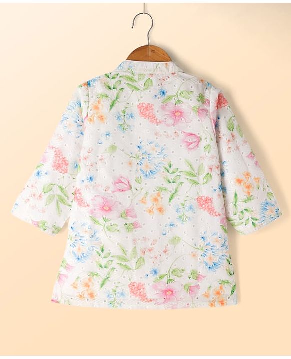 Babyhug Cambri 100% Cotton Woven Schiffli Floral Printed Full Sleeves Kurta Dhoti Set - White & Pink