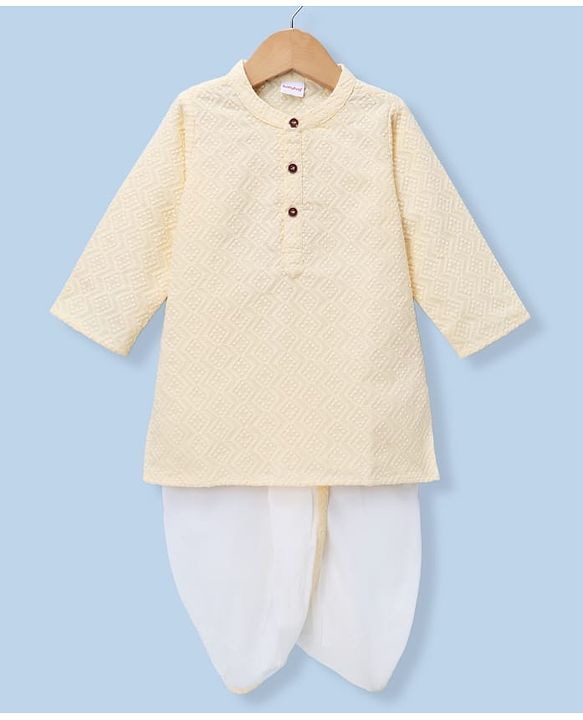 Babyhug 100% Cotton Cambric Woven Full Sleeves Hakkoba Embroidered Kurta & Dhoti Set - Yellow