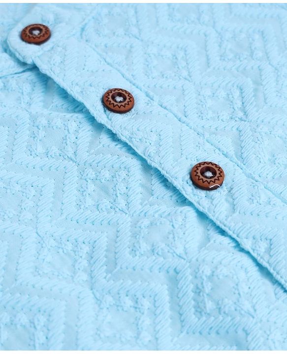 Babyhug 100% Cotton Cambric Woven Full Sleeves Embroidered Kurta & Dhoti Set - Light Blue