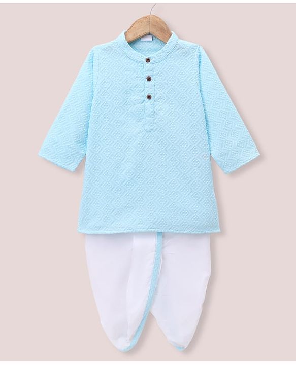 Babyhug 100% Cotton Cambric Woven Full Sleeves Embroidered Kurta & Dhoti Set - Light Blue