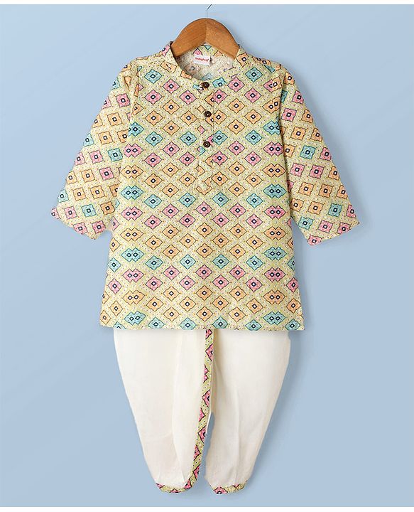 Babyhug Cambric Woven Full Sleeves Hakkoba Printed Dhoti Kurta - Lemon