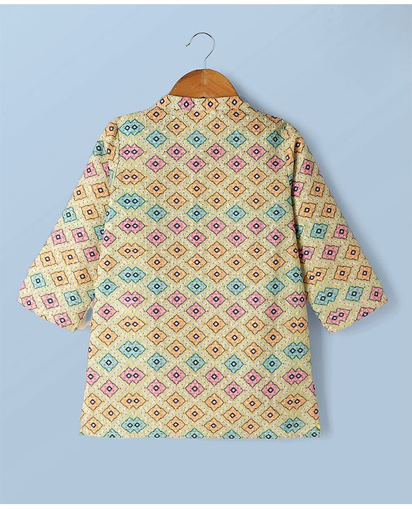 Babyhug Cambric Woven Full Sleeves Hakkoba Printed Dhoti Kurta - Lemon