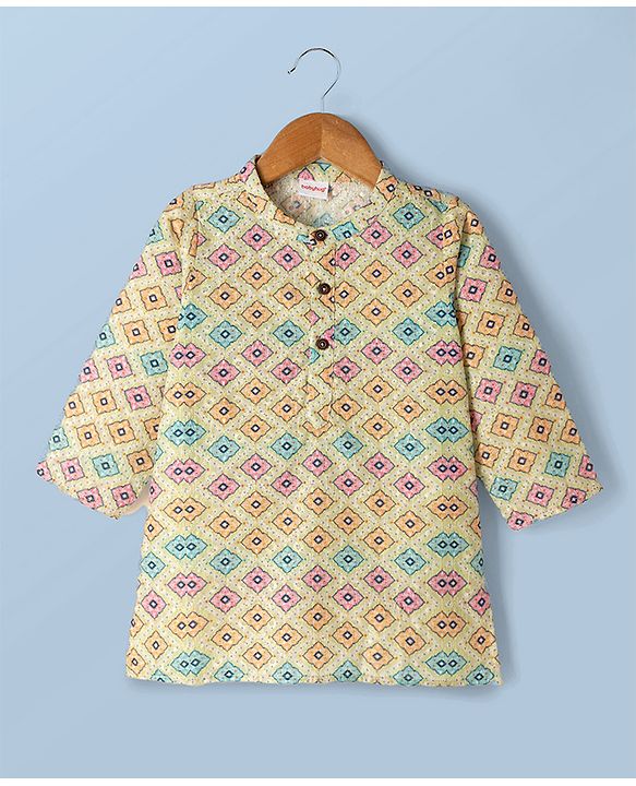 Babyhug Cambric Woven Full Sleeves Hakkoba Printed Dhoti Kurta - Lemon