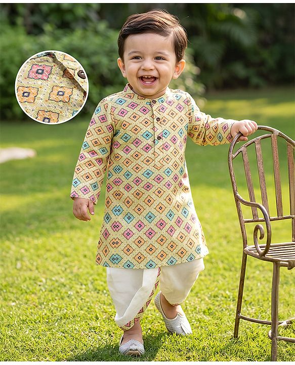Babyhug Cambric Woven Full Sleeves Hakkoba Printed Dhoti Kurta - Lemon