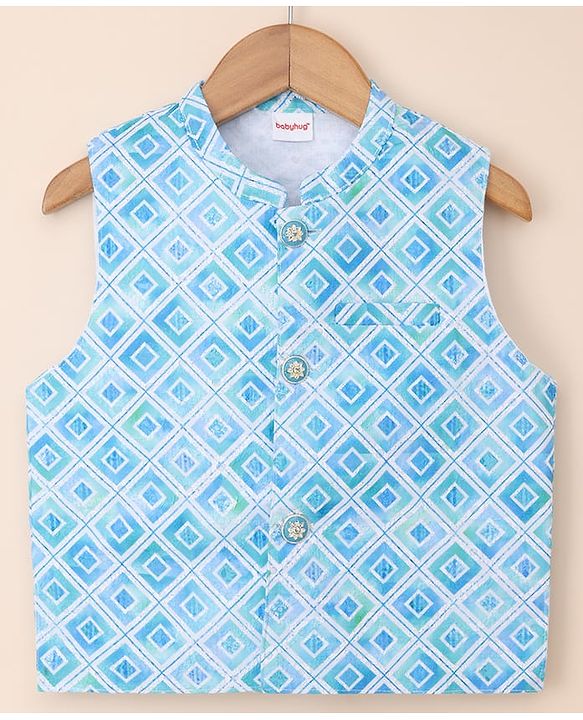Babyhug 100% Cotton Cambric Woven Full Sleeves Kurta & Dhoti Set With Printed Jacket - White