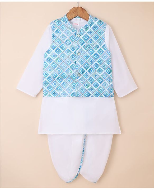 Babyhug 100% Cotton Cambric Woven Full Sleeves Kurta & Dhoti Set With Printed Jacket - White