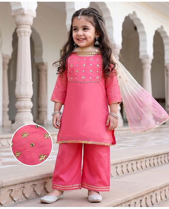 Babyhug Woven Georgette Three Fourth Sleeves Embroidered Kurti Sharara and Dupatta Set - Dark Pink