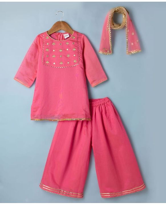 Babyhug Woven Georgette Three Fourth Sleeves Embroidered Kurti Sharara and Dupatta Set - Dark Pink