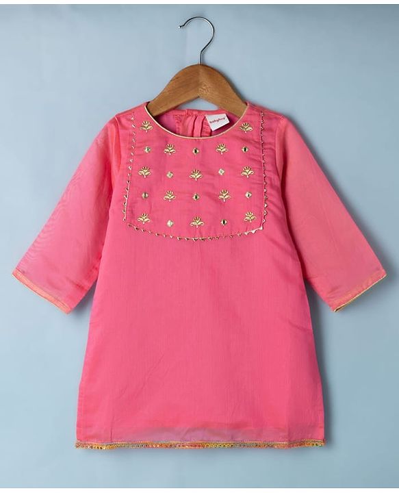 Babyhug Woven Georgette Three Fourth Sleeves Embroidered Kurti Sharara and Dupatta Set - Dark Pink