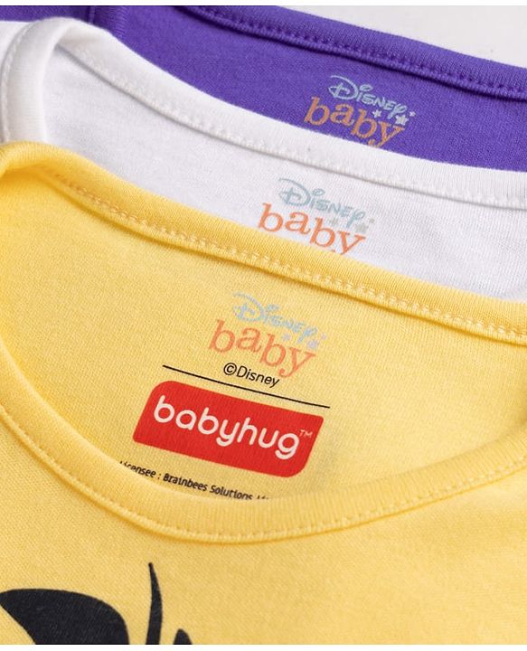Babyhug Disney Interlock Knit Full Sleeves Onesies With Animal Print & Winnie The Pooh Graphic Pack of 3 - Yellow, White & Blue