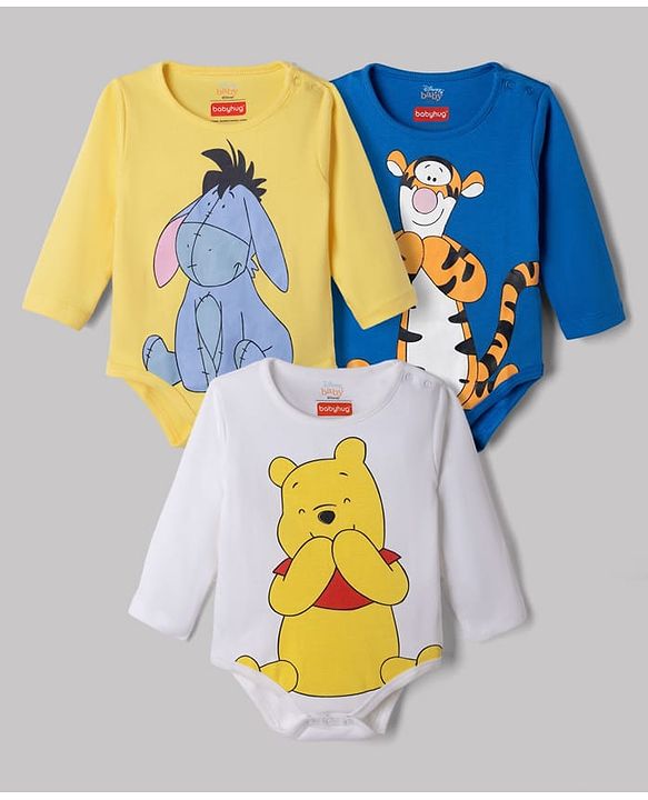 Babyhug Disney Interlock Knit Full Sleeves Onesies With Animal Print & Winnie The Pooh Graphic Pack of 3 - Yellow, White & Blue