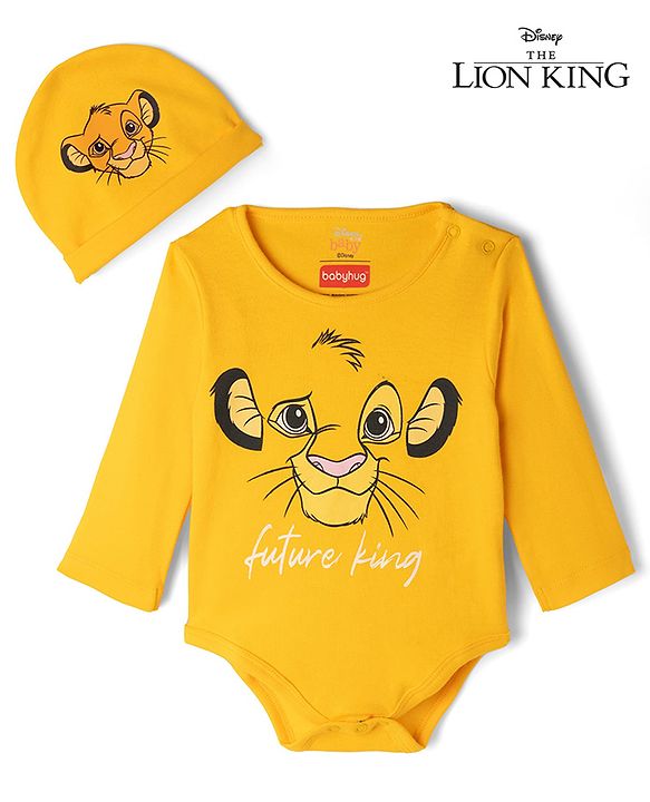 Babyhug Disney Interlock Knit Full Sleeves Onesie With Cap and Lion King Graphic - Yellow