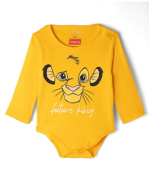 Babyhug Disney Interlock Knit Full Sleeves Onesie With Cap and Lion King Graphic - Yellow