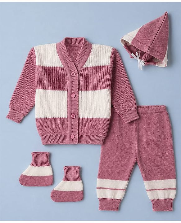 Babyhug Knit Full Sleeves Colour Block Design Sweater Set with Cap & Booties - Peach