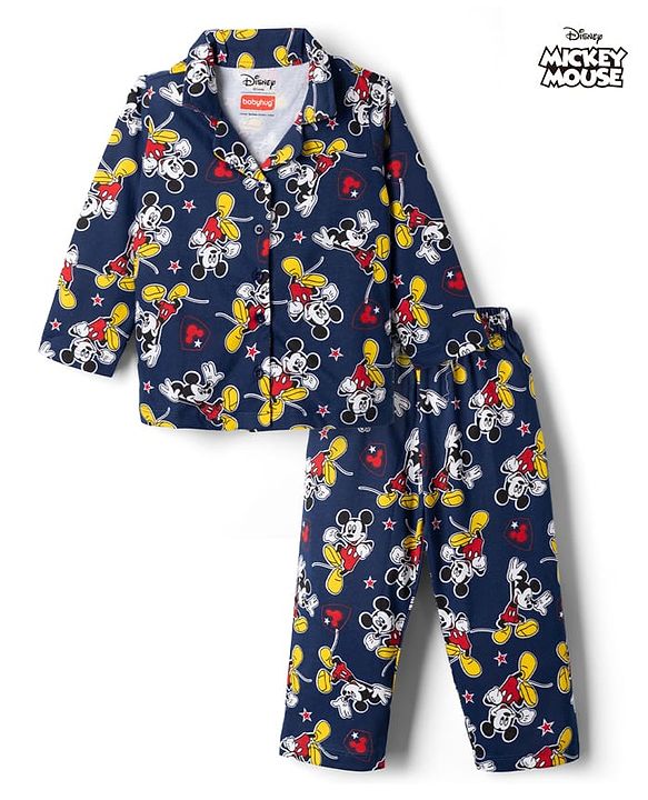Babyhug Disney Single Jersey Knit Full Sleeves Front Open Shirt & Pyjama Night Suit Co-Ords Set With Mickey Mouse Graphic - Navy Blue