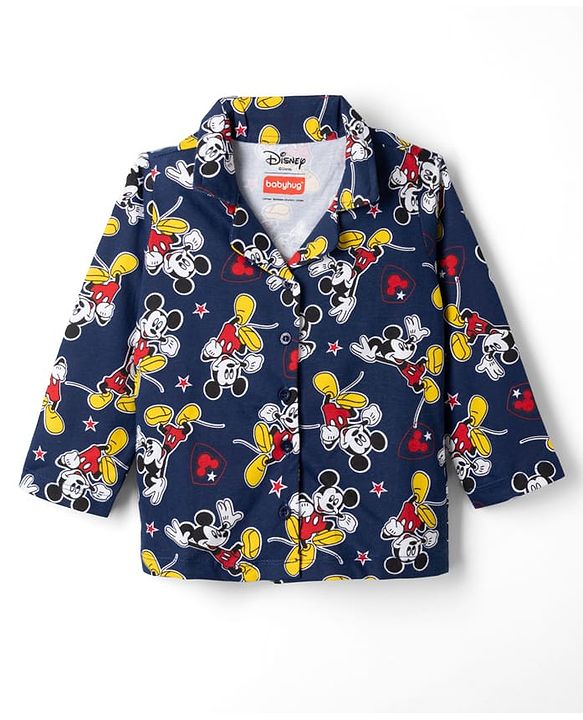 Babyhug Disney Single Jersey Knit Full Sleeves Front Open Shirt & Pyjama Night Suit Co-Ords Set With Mickey Mouse Graphic - Navy Blue