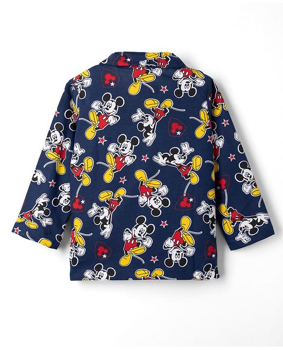 Babyhug Disney Single Jersey Knit Full Sleeves Front Open Shirt & Pyjama Night Suit Co-Ords Set With Mickey Mouse Graphic - Navy Blue