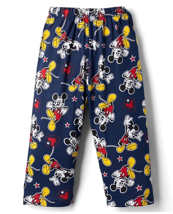 Babyhug Disney Single Jersey Knit Full Sleeves Front Open Shirt & Pyjama Night Suit Co-Ords Set With Mickey Mouse Graphic - Navy Blue