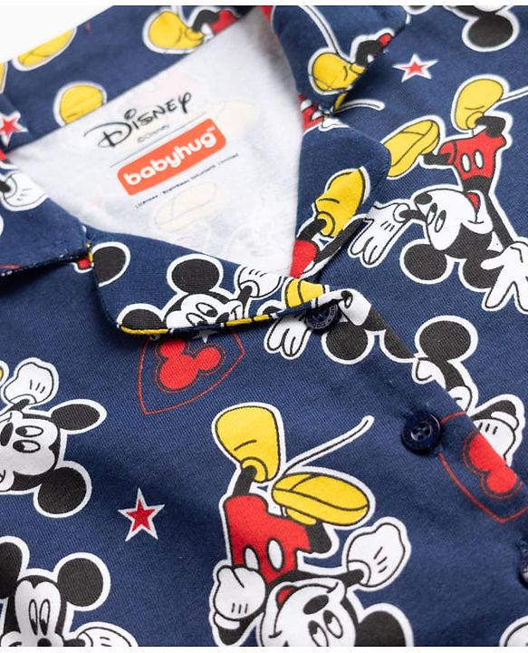 Babyhug Disney Single Jersey Knit Full Sleeves Front Open Shirt & Pyjama Night Suit Co-Ords Set With Mickey Mouse Graphic - Navy Blue
