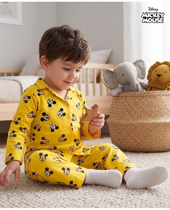 Babyhug Disney Single Jersey Knit Full Sleeves Co-Ords Shirt & Pyjama Night Suit with Mickey Mouse Print - Yellow