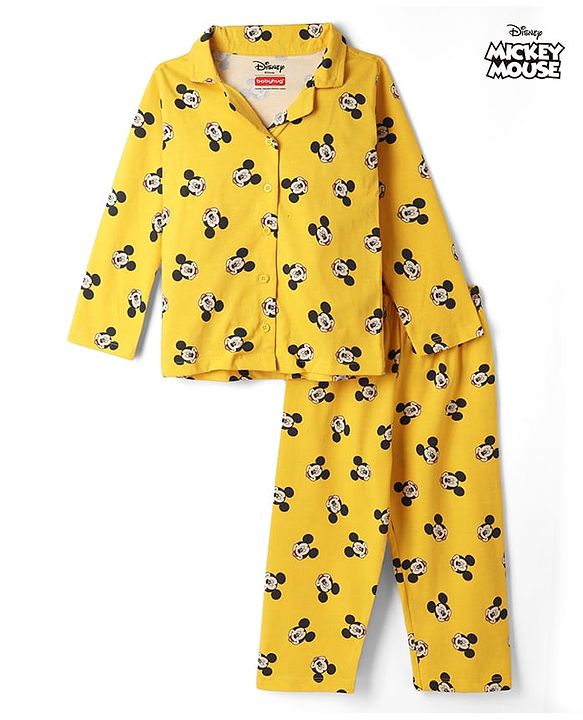 Babyhug Disney Single Jersey Knit Full Sleeves Co-Ords Shirt & Pyjama Night Suit with Mickey Mouse Print - Yellow