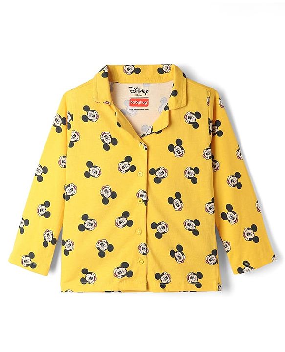 Babyhug Disney Single Jersey Knit Full Sleeves Co-Ords Shirt & Pyjama Night Suit with Mickey Mouse Print - Yellow