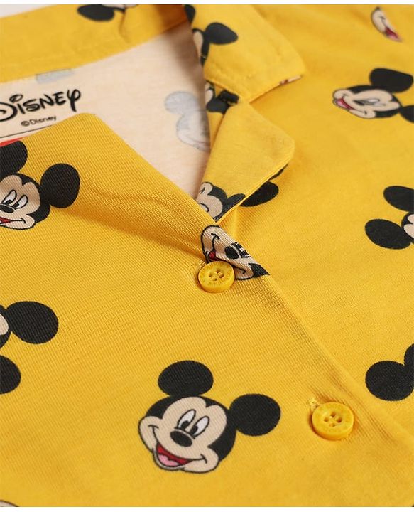 Babyhug Disney Single Jersey Knit Full Sleeves Co-Ords Shirt & Pyjama Night Suit with Mickey Mouse Print - Yellow